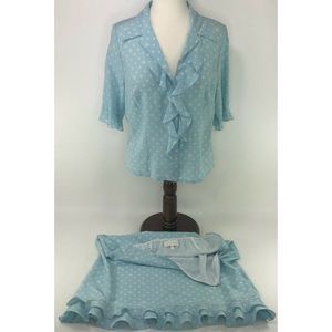 Escada 2 Piece 100% Silk Skirt & Blouse Set Teal Blue Polka Dot Star Ruffle
